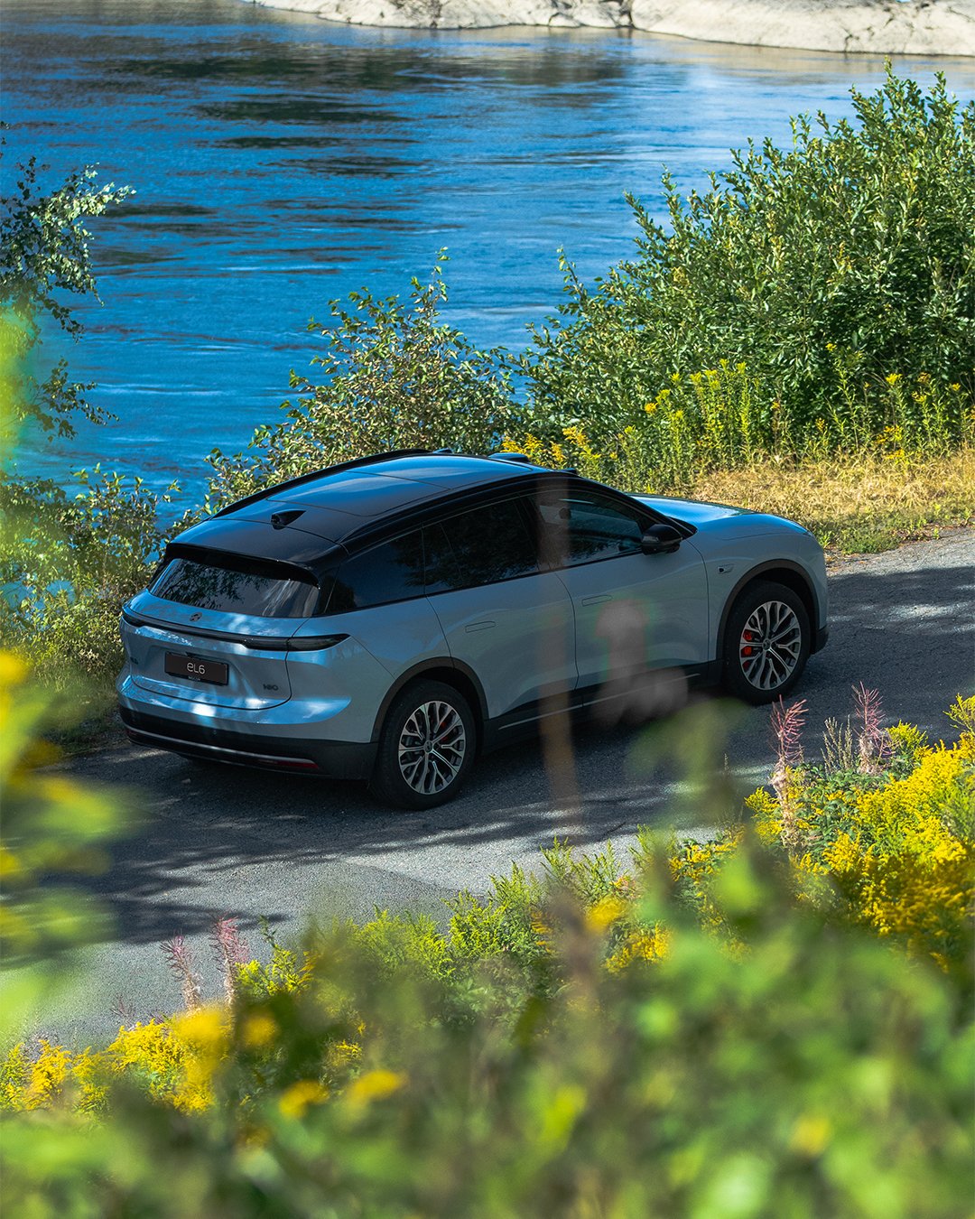 NIO EL6 parkert under bjørketrær